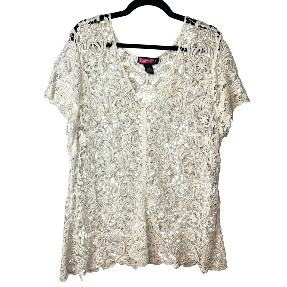 Y2K Say What Womens Lace Button Front Top White 3X Regencycore Cottagecore Party